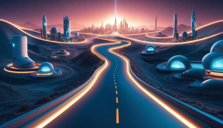 Futuristic city with a winding road, glowing lights, and domed buildings