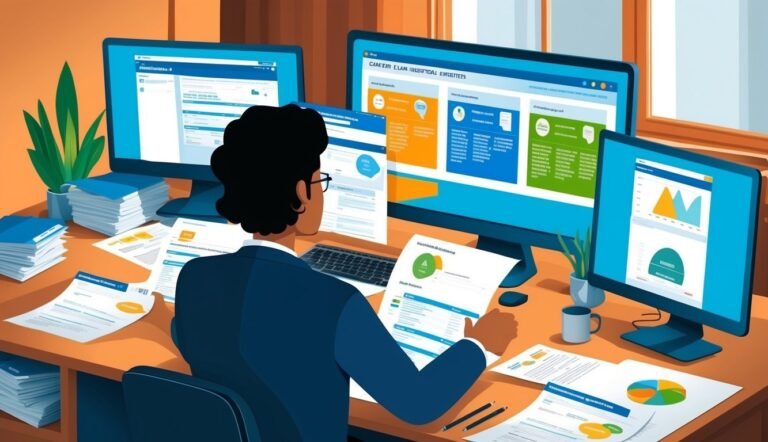 Person working at a desk with three computer screens and paperwork