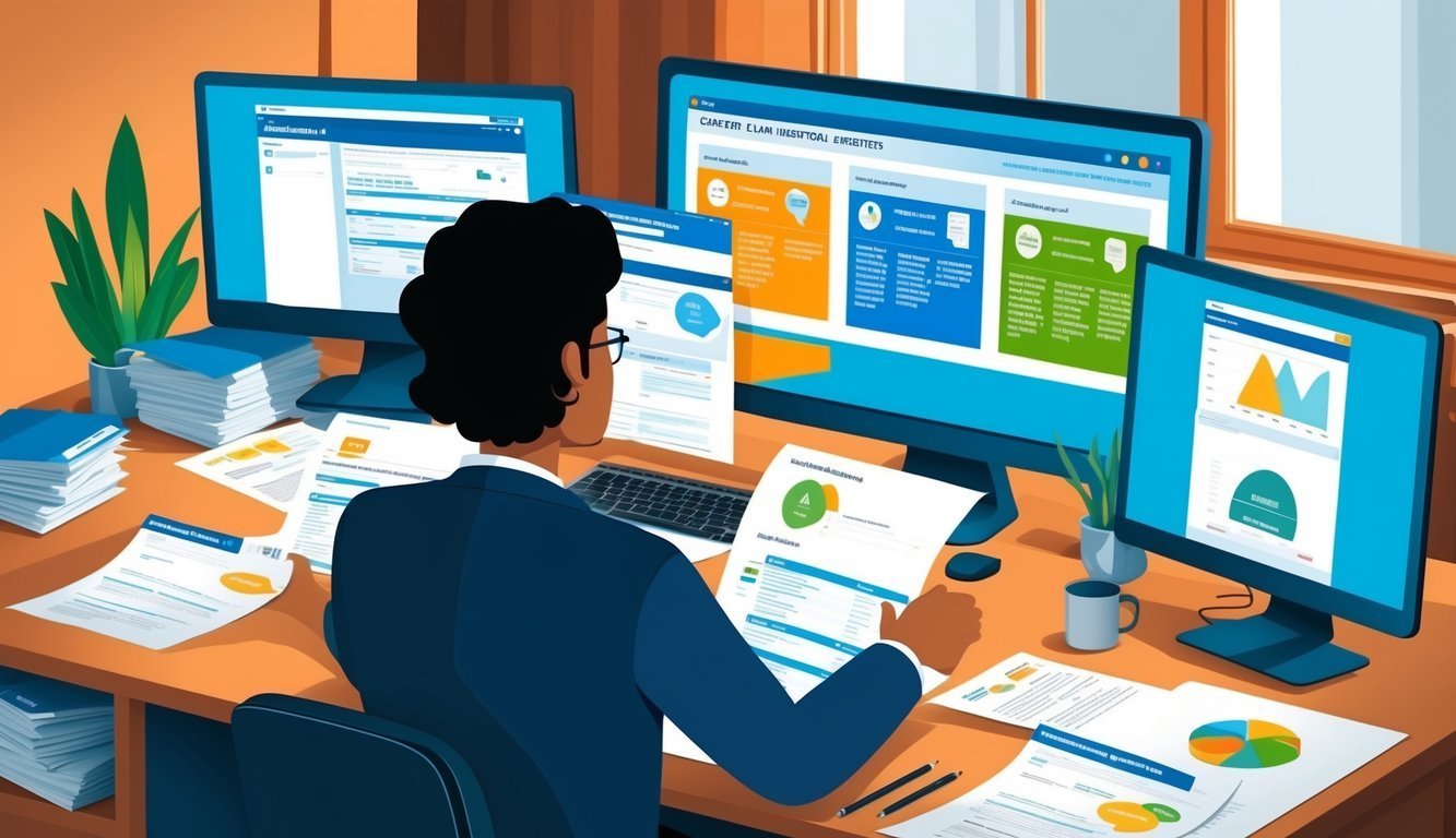 Person working at a desk with three computer screens and paperwork
