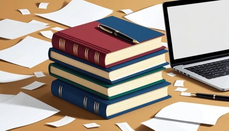 Stack of books, pen, laptop, and scattered papers on a desk