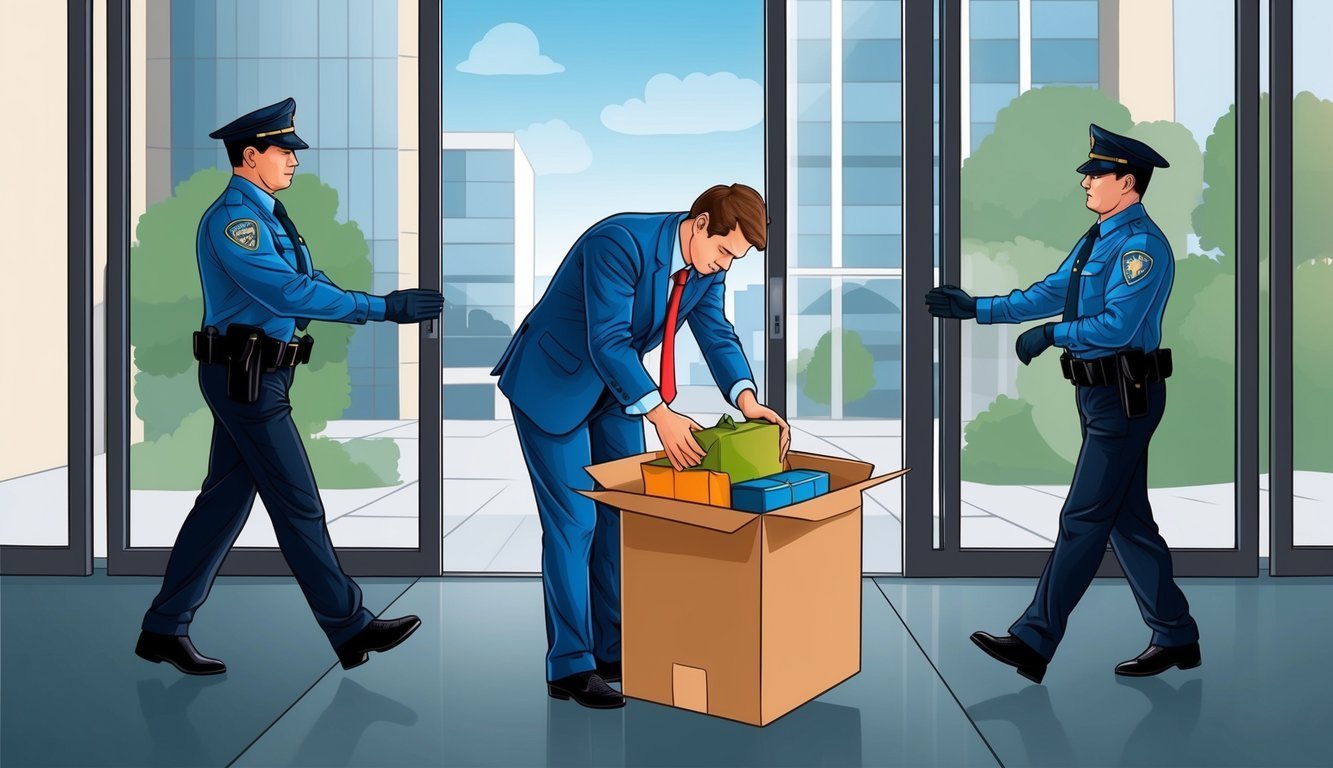 A man packing boxes while two police officers stand by the doors
