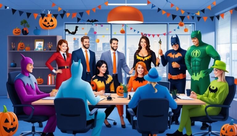 Office Halloween party with people in costumes and decorations