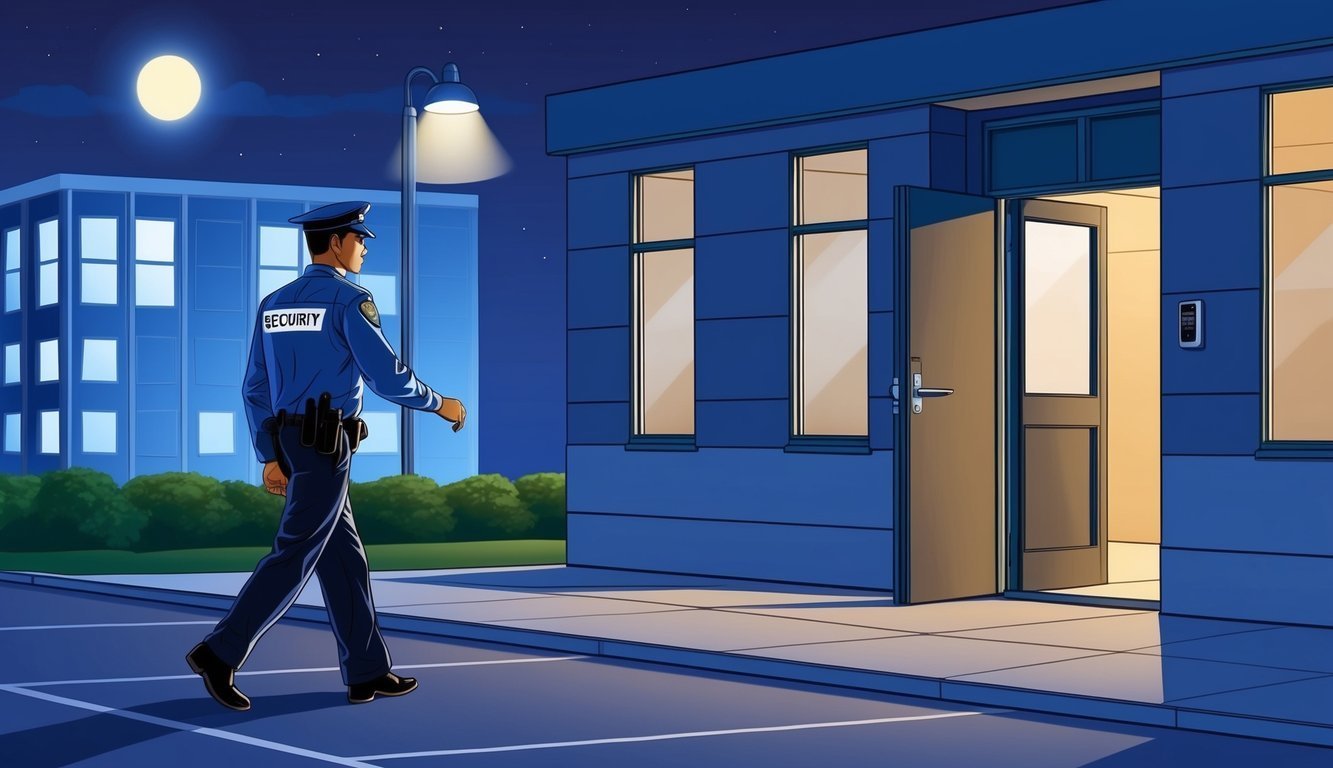 Security guard walking past a building at night, moon in the sky