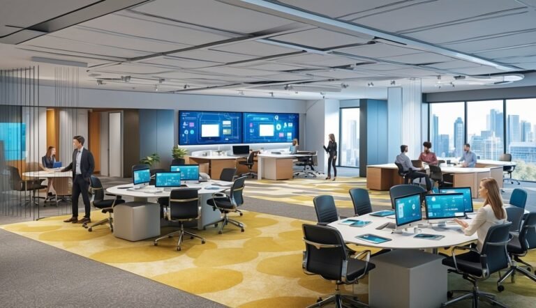 Modern office interior with multiple workstations and people working