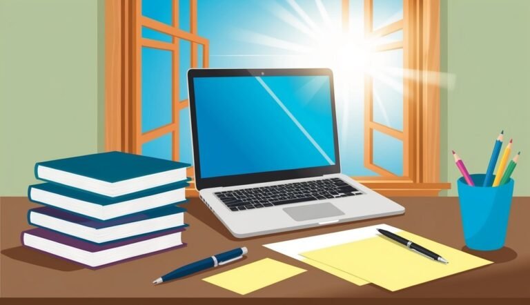 Laptop, books, and pencils on a desk by a sunny window