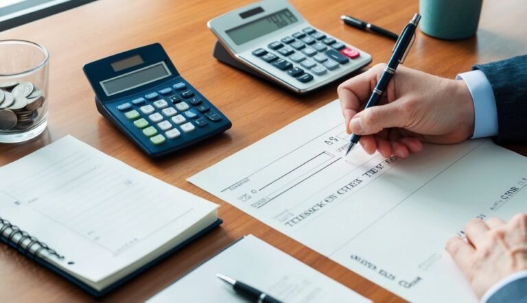 Person writing on a check with calculators, coins, and notepad on a desk