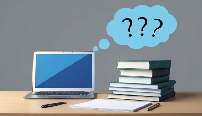 Laptop, books, and question marks in thought bubble on a desk