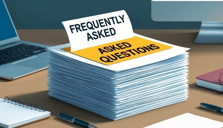 Stack of papers with "Frequently Asked Questions" on top