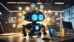 A futuristic robot with glowing blue lights and gear icons on a desk