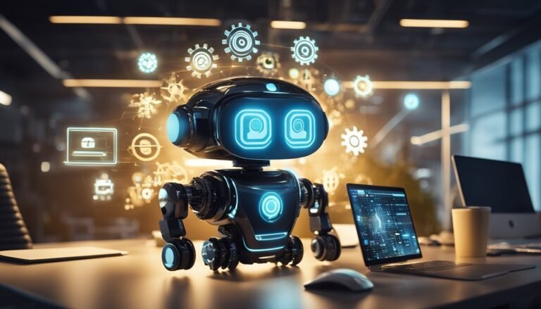 A futuristic robot with glowing blue lights and gear icons on a desk