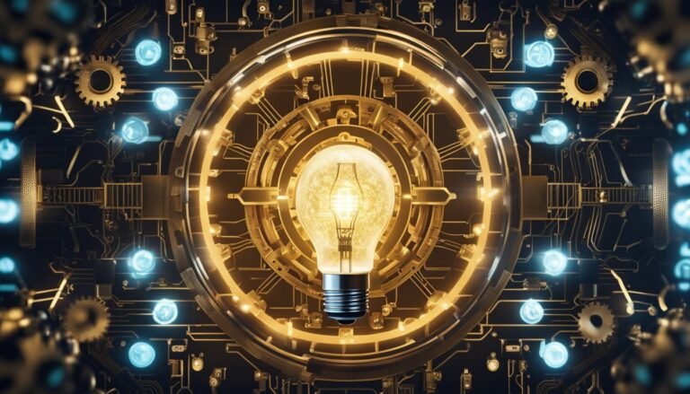 Glowing lightbulb in a complex, circular, mechanical circuit board design