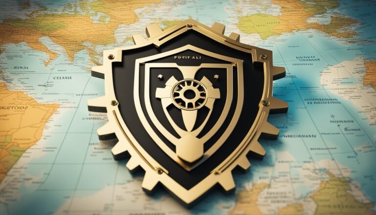 Gold and black shield emblem with gear design over a world map