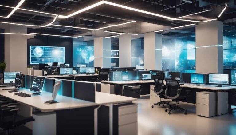 Modern office space with multiple computer workstations and large screens