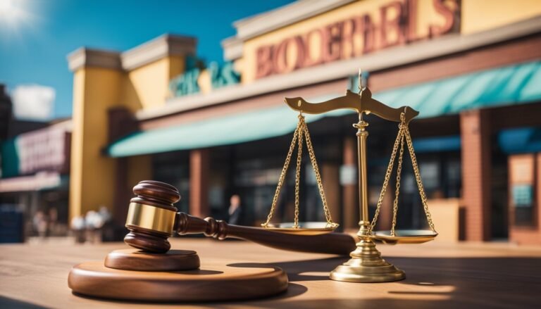 Gavel and scales of justice in front of a bookstore