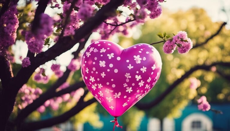 Pink heart-shaped balloon with white flowers under a flowering tree