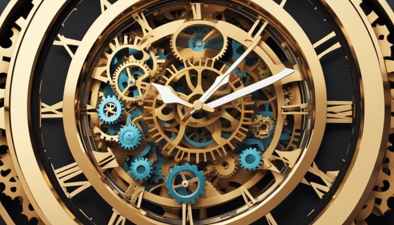 Close-up of a golden clock with exposed gears and blue accents