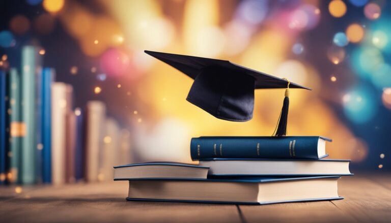 Graduation cap on stack of books, with blurred background and bokeh lights