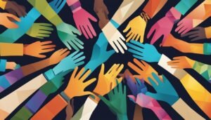 Illustration of diverse hands reaching towards each other in unity