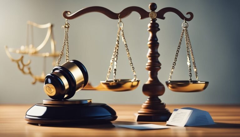 Wooden scales of justice with gavel and documents on a table
