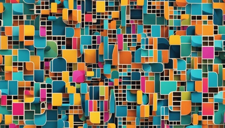 Abstract colorful geometric shapes with white grid lines and shadows